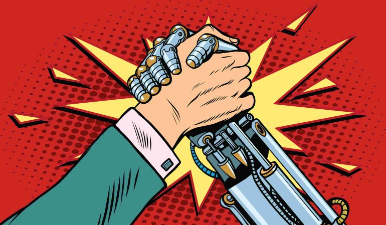 Mens en robot die samen voor meer werkgeluk strijden.