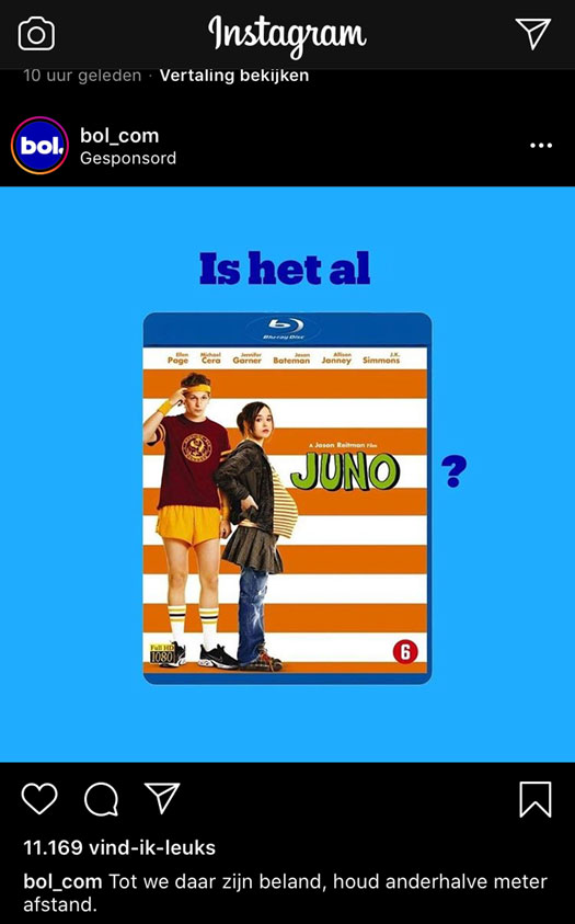 Bol.com op Instagram met grapje over Juno.