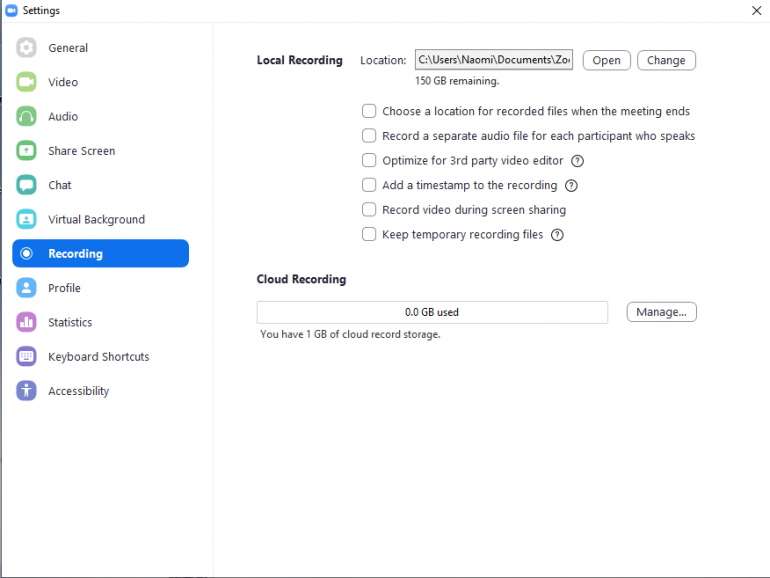 Recording settings in Zoom