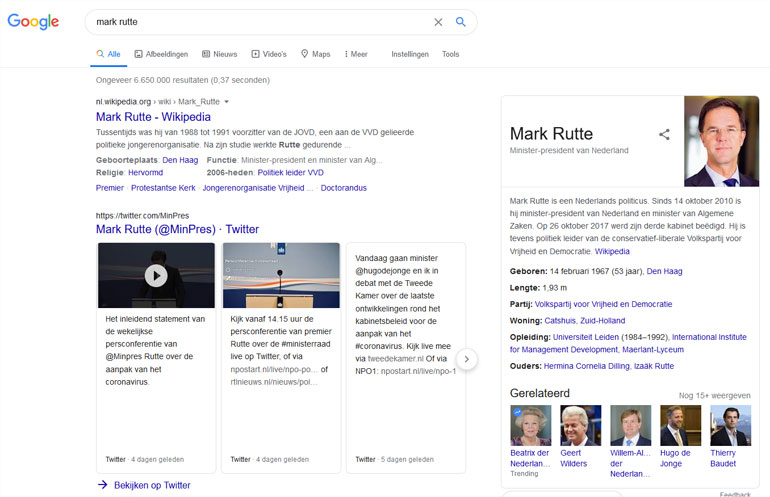 Knowledge graph van Google over Mark Rutte.