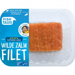 zalm Fish Tales met verhaal van visser op de verpakking.