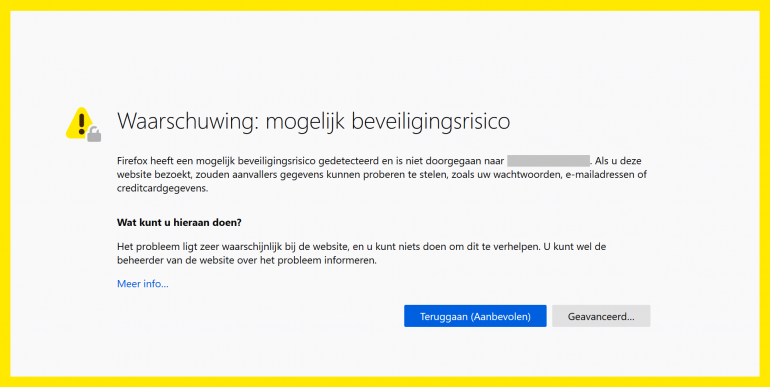 Afbeelding van een beveiligingswaarschuwing van Firefox wanneer er geen HTTPS beschikbaar is