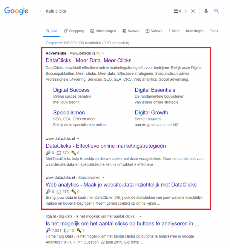 Screenshot branded search ad DataClicks adverteren op bedrijfsnaam