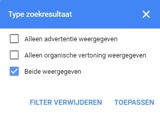 Screenshot van het Type zoekresultaat met aangevinkt 'Beide weergeven' voor de koppeling SEO en SEA.