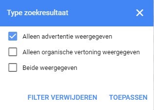 Screenshot met type zoekresultaat en aangevinkt 'Alleen advertentie weergeven' voor de koppeling SEO en SEA.