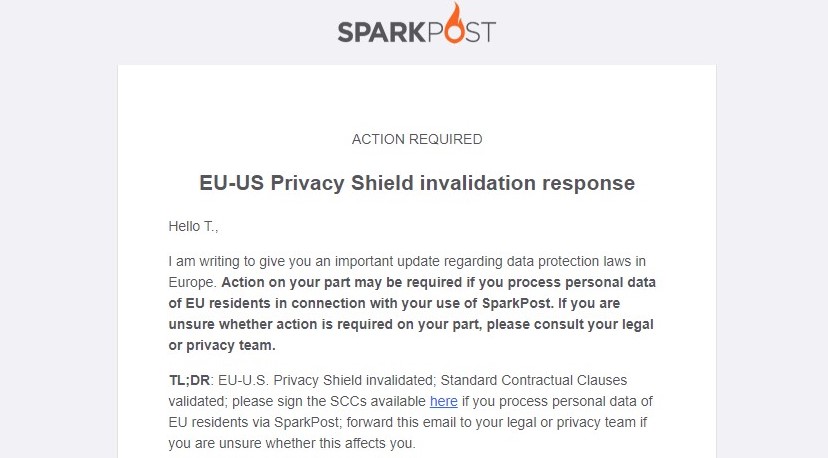 E-mail van Sparkpost over SCCs en Privacy Shield