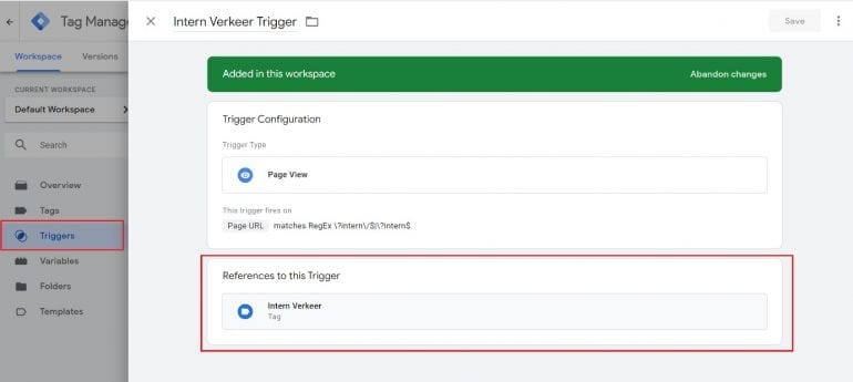 Screenshot check intern verkeer trigger