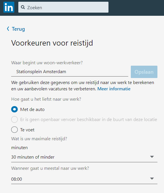 LinkedIn voorkeuren voor reistijd