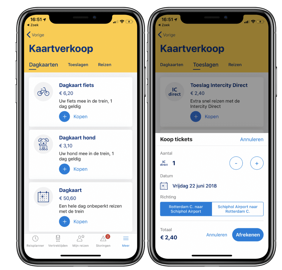 Voorbeeld van sturing in de NS applicatie door kleur, volgorde, tekst, knoppen, etc.