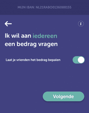 Voorbeeld van Behavioral design van de tikkie functionaliteit waarbij de gebruiker kan bepalen hoeveel geld hij geeft, zonder dat anderen dit zien.