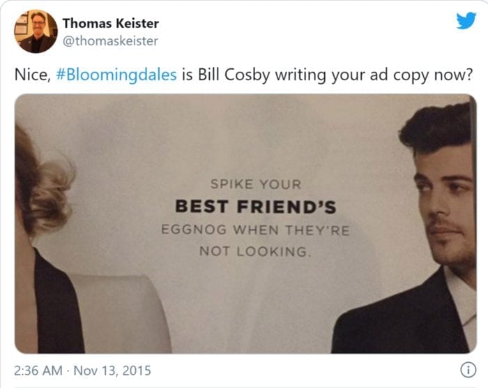 Warenhuis Bloomingdales krijgt kritiek op social media omdat het klanten aanspoort tot verkrachting
