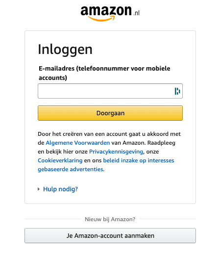 Screenshot van hoe Amazon om je mailadres vraagt.