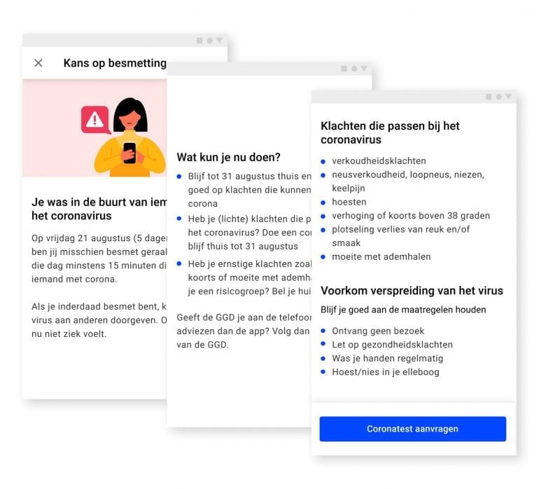 Coronamelder screenshots: kans op besmetting en test aanvragen.