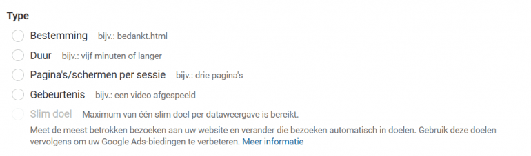 Voorbeeld van doeltypes in Google Analytics.