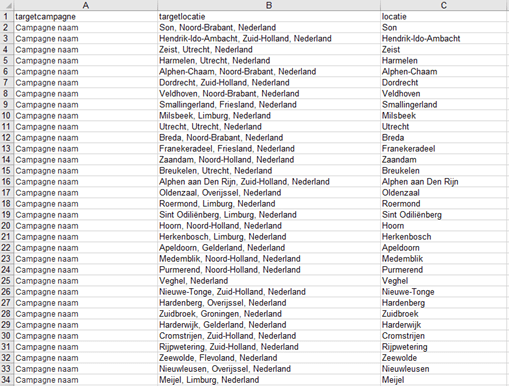 Feedbestand Excel voor locaties in Google Ads.