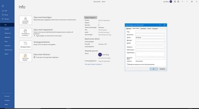 Scherm in Word waar documentinformatie te vinden is, zodat je het toegankelijk kunt maken.