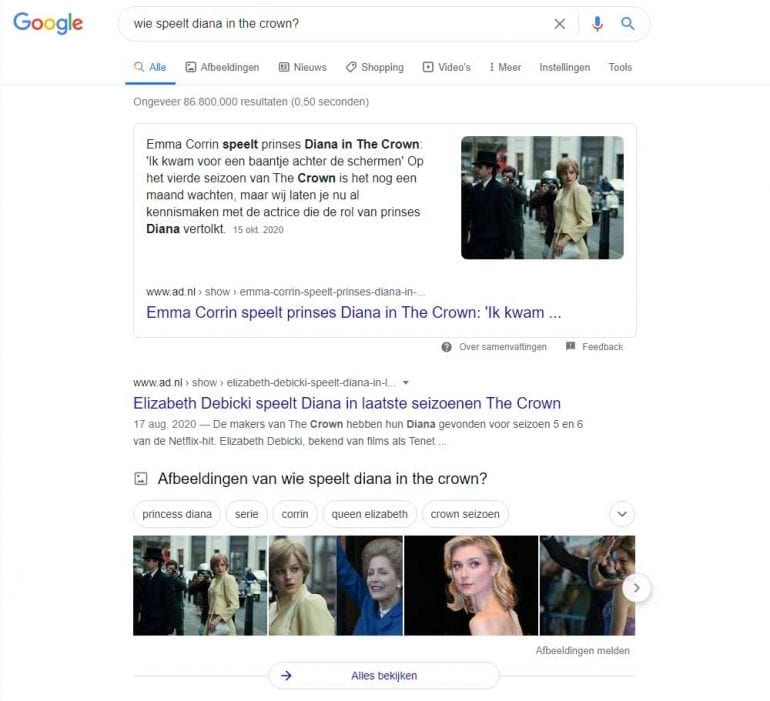 Google Knowledge graph voorbeeld met The Crown.