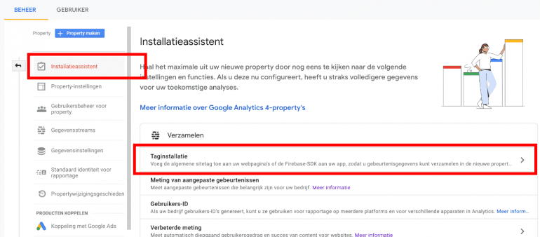 Screenshot: Installatie-assistent van je GA4 property