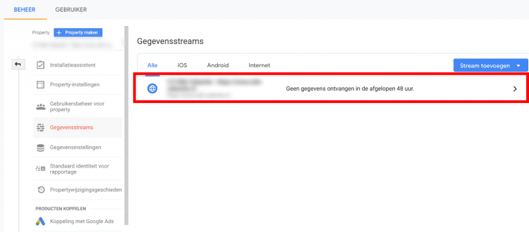 Screenshot: Gegevensstreams van je GA-property