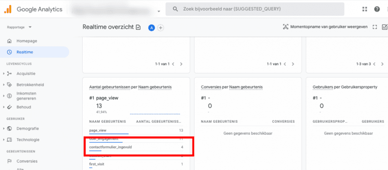 Screenshot: Controleer of je gebeurtenis doorkomt in het realtime rapport van GA4