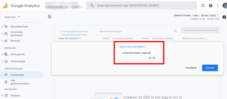 Screenshot: Geef de naam op van je conversiegebeurtenis