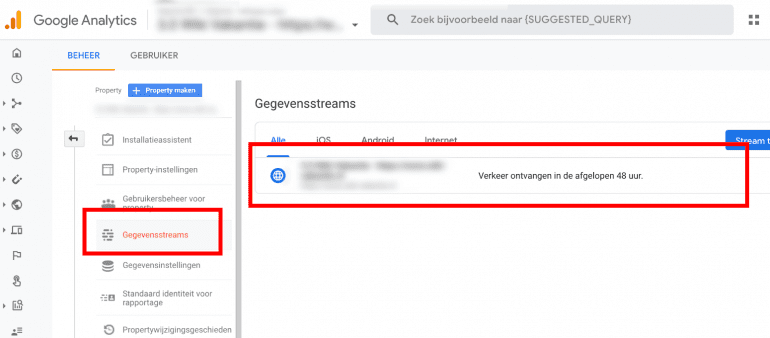 Screenshot: Open de GA4 gegevensstream van je website