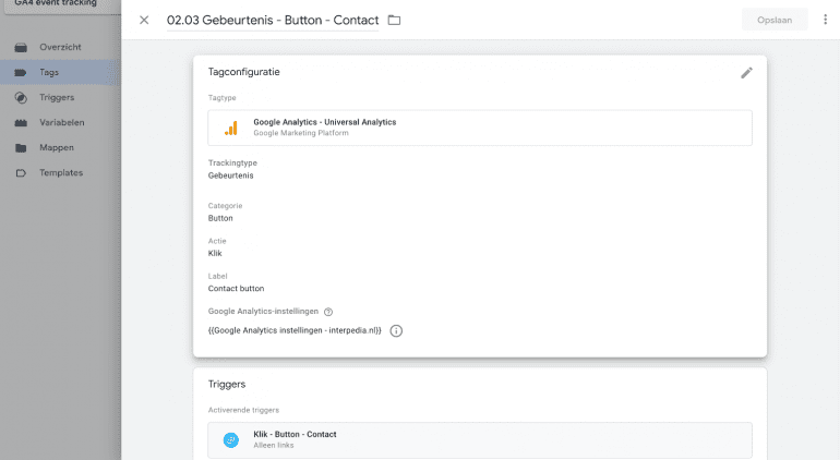 Screenshot: Een ‘oude’ Universal Analytics gebeurtenis in Google Tag Manager