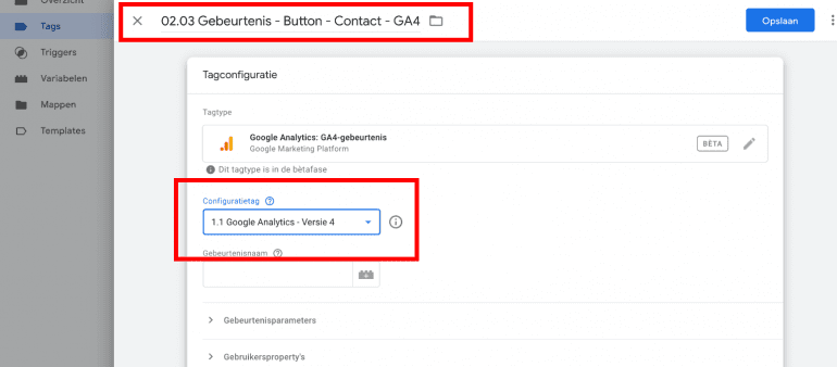 Screenshot: Selecteer de configuratietag