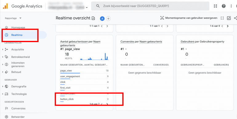 Screenshot: Test de gebeurtenis in het realtime rapport van GA4