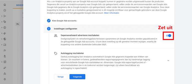 Screenshot: Zet ‘Gepersonaliseerd adverteren’ uit