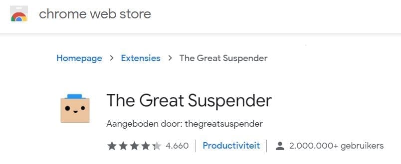 Screenshot van de chrome-extensie The Great Suspender.