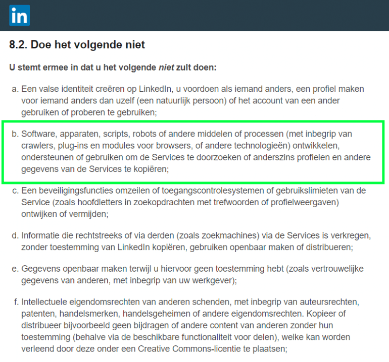Artikel 8.2 uit de regels van LinkedIn, over dat automation tools niet zijn toegestaan.
