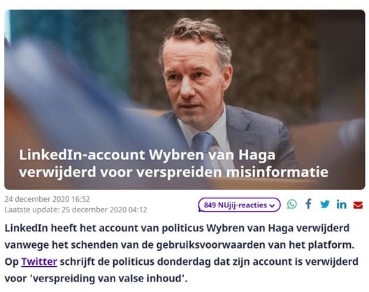 Nieuwsbericht over het verwijderde account van Wybren van Haga.