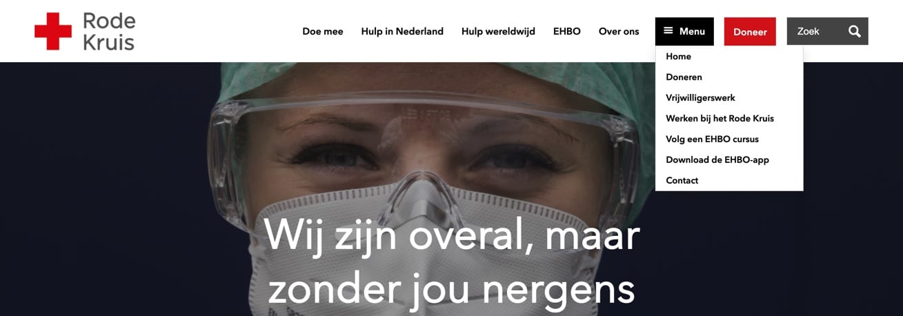 De navigatiestructuur van de website van het Rode Kruis.