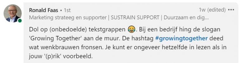 Een hashtag fout die Ronald Faas doorstuurde via LinkedIn.