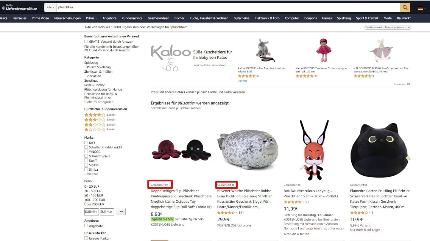 Voorbeeld van Amazon Sponsored Product Ads.