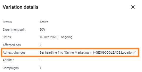 Screenshot locatie in Google Ads