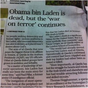 Een van de taalfouten: een krantenkop die gaat over Obama bin Laden.