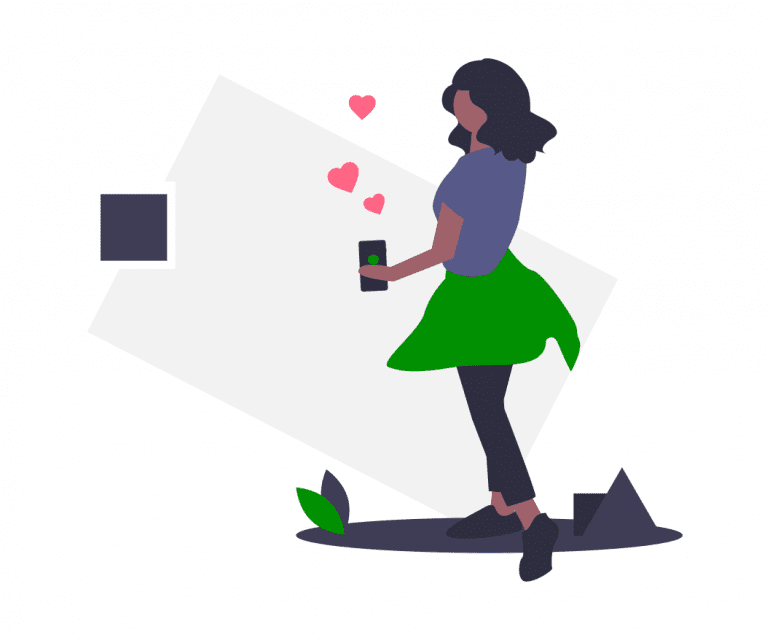 Illustratie van vrouw met telefoon waar hartjes uit komen