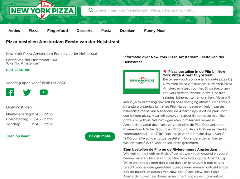 Voorbeeld van een lokale winkelpagina van New York Pizza.