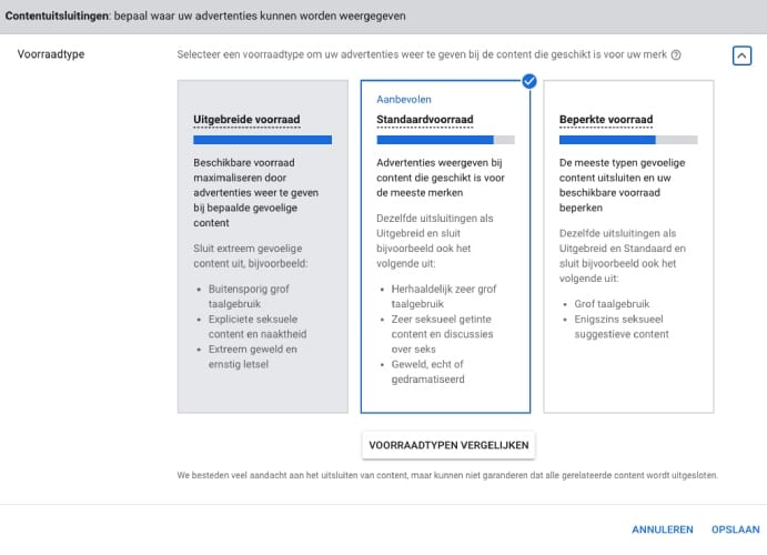 Adverteren YouTube voorraadtypen vergelijken