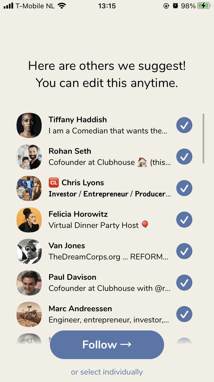 Screenshot van Clubhouse.