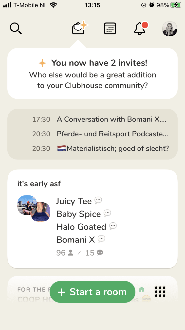Screenshot van Clubhouse.