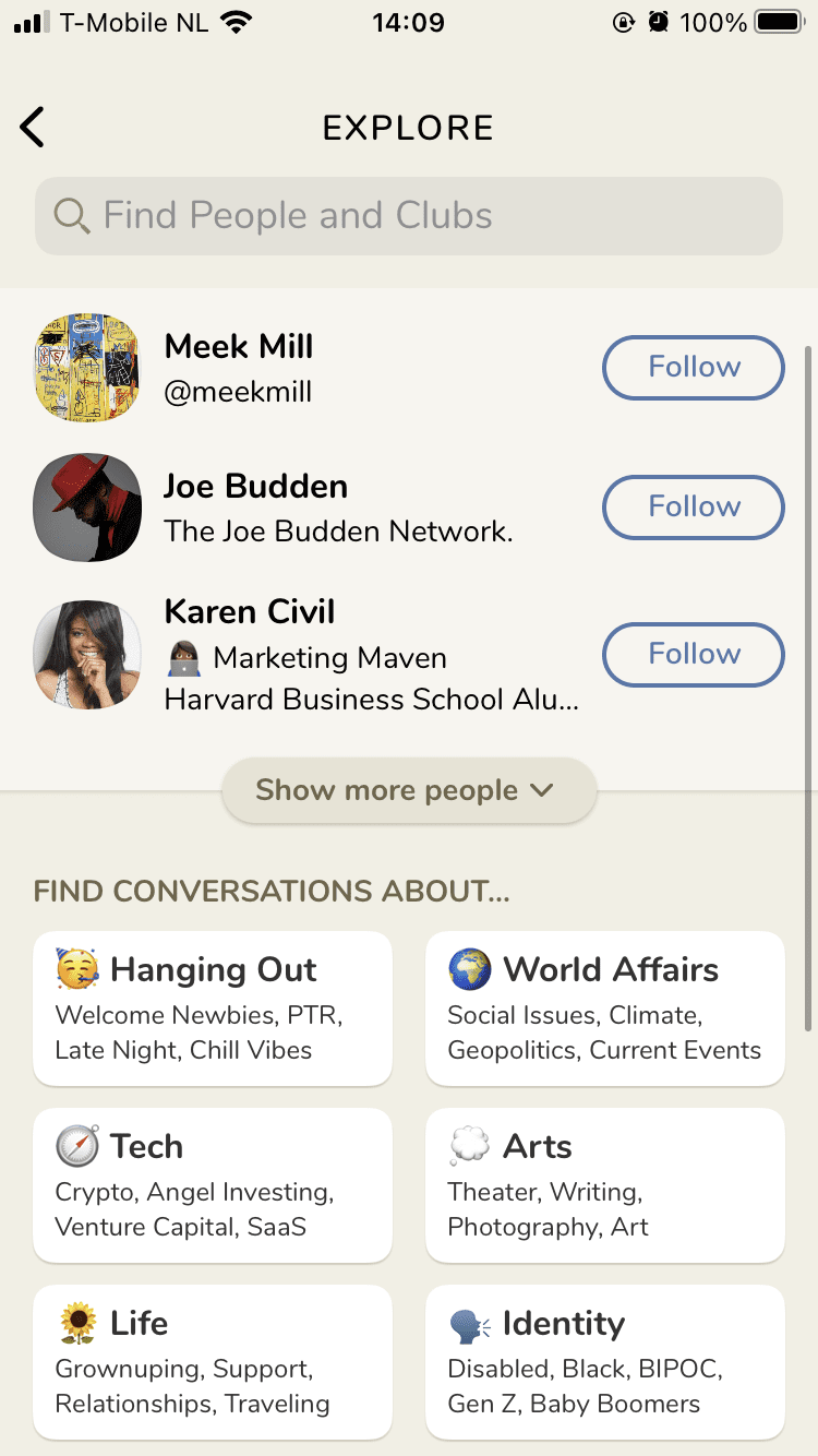 Screenshot van Clubhouse.
