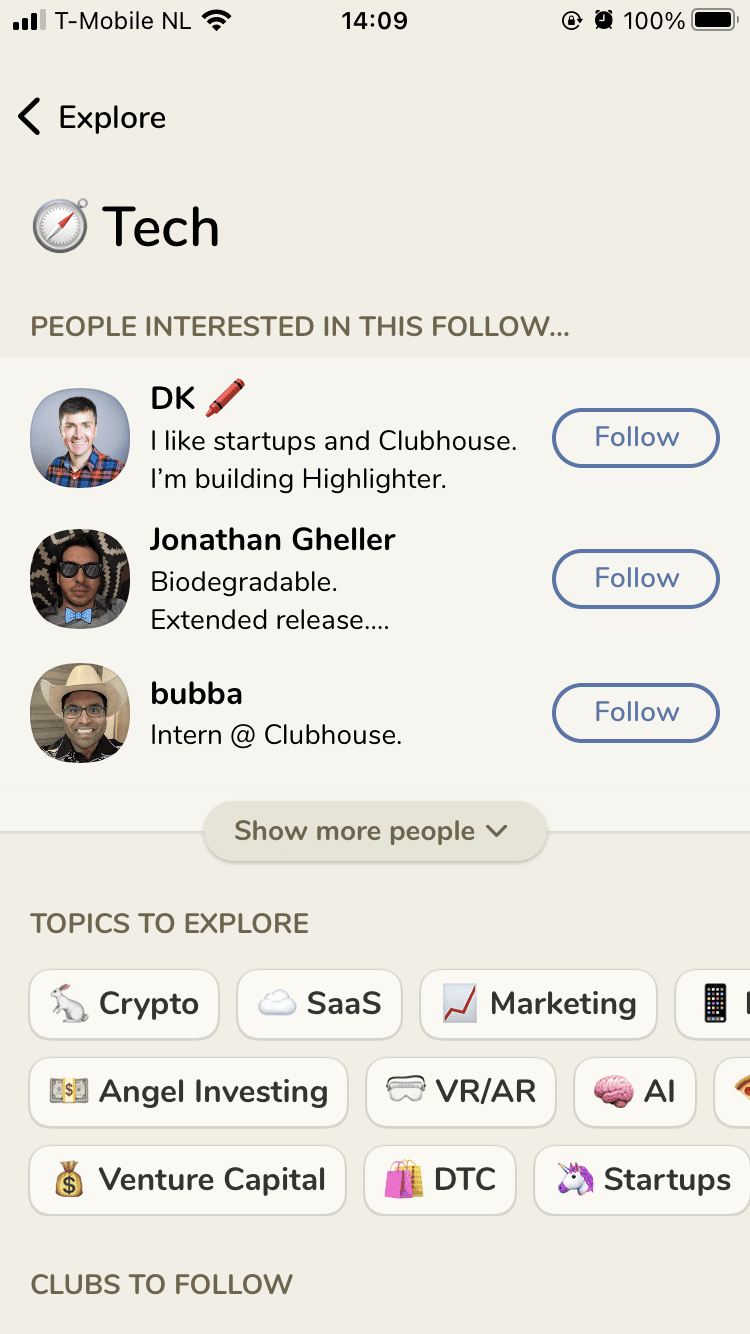 Screenshot van Clubhouse.