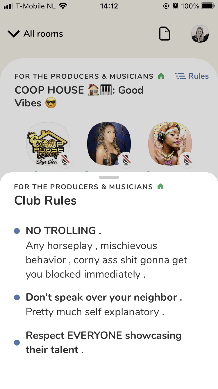 Screenshot van Clubhouse.