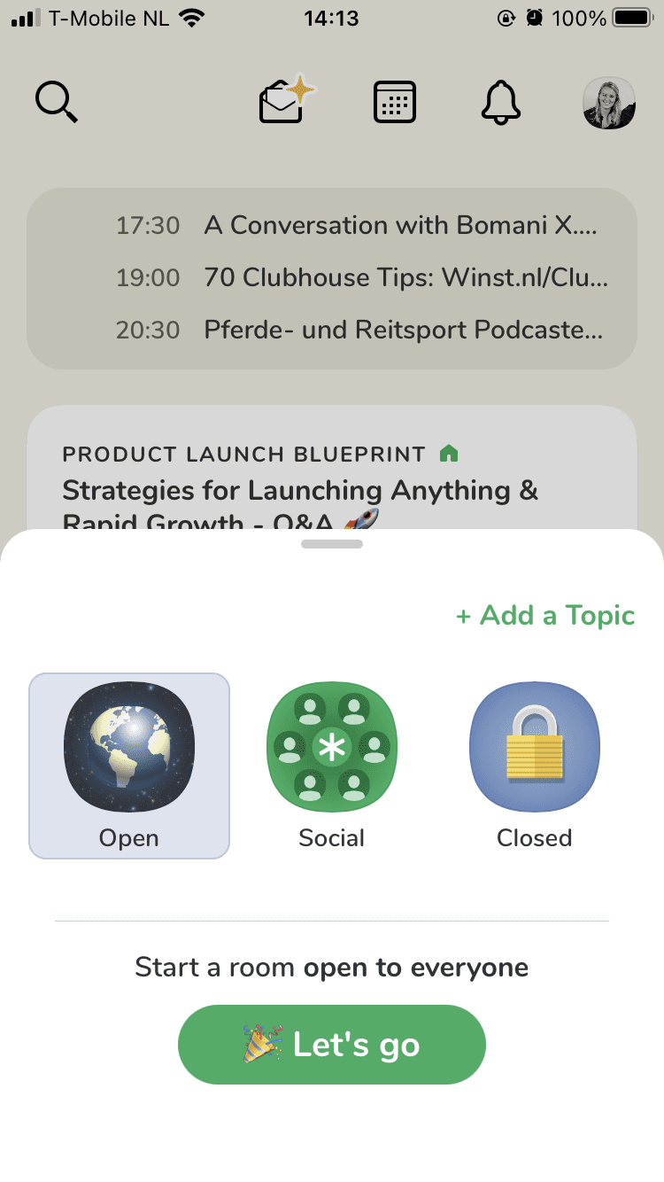 Screenshot van Clubhouse.