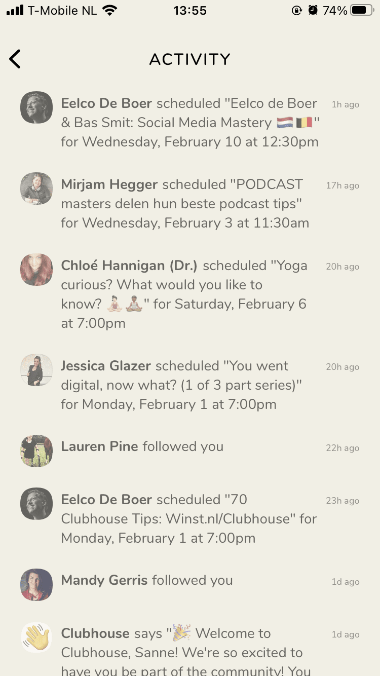 Screenshot van Clubhouse.