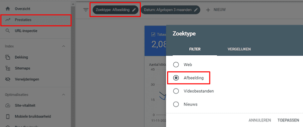 prestaties bekijken van afbeeldingen via Google Search Console