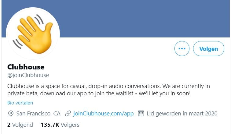Het Twitteraccount van Clubhouse.